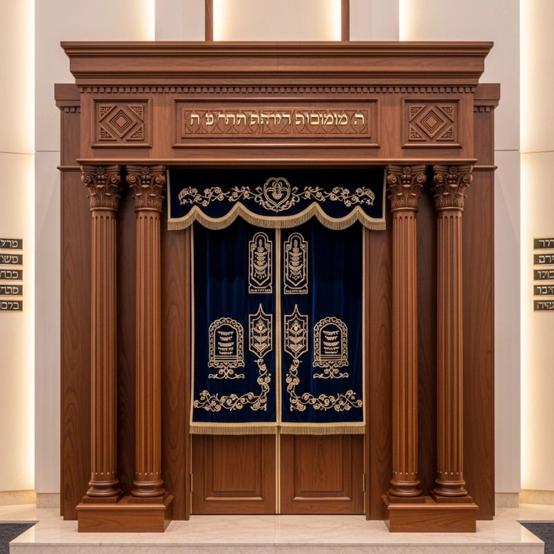 A realistic image of Mahogany Wood Aron Kodesh, Torah Ark hand carvings, image generated by Gemini-2.5-Flash.
