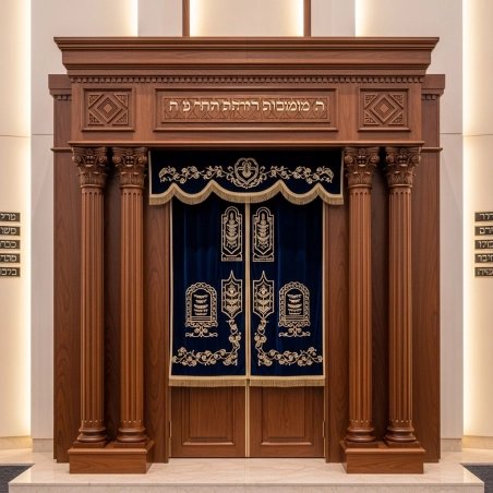 A realistic image of Mahogany Wood Aron Kodesh, Torah Ark hand carvings, image generated by Gemini-2.5-Flash.