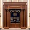 A realistic image of Mahogany Wood Aron Kodesh, Torah Ark hand carvings, image generated by Gemini-2.5-Flash.