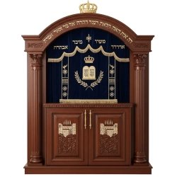 A realistic image of Mahogany Wood Aron Kodesh, Torah Ark hand carvings, image generated by Gemini-2.5-Flash.