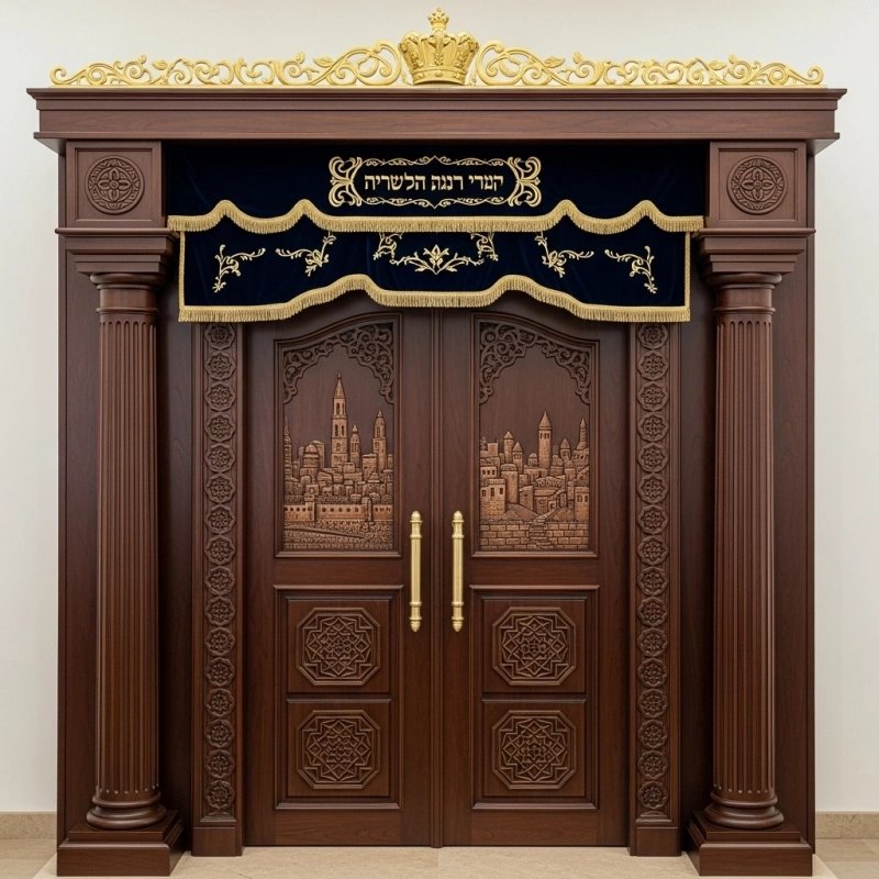 A realistic image of Mahogany Wood Aron Kodesh, Torah Ark hand carvings, image generated by Gemini-2.5-Flash.