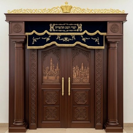 A realistic image of Mahogany Wood Aron Kodesh, Torah Ark hand carvings, image generated by Gemini-2.5-Flash.