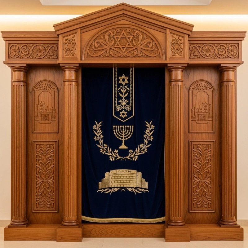 A realistic image of Mahogany Wood Aron Kodesh, Torah Ark hand carvings, image generated by Gemini-2.5-Flash.