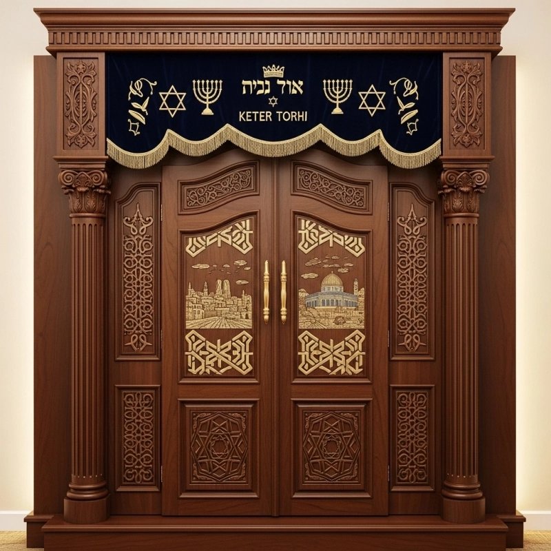 A realistic image of Mahogany Wood Aron Kodesh, Torah Ark hand carvings, image generated by Gemini-2.5-Flash.