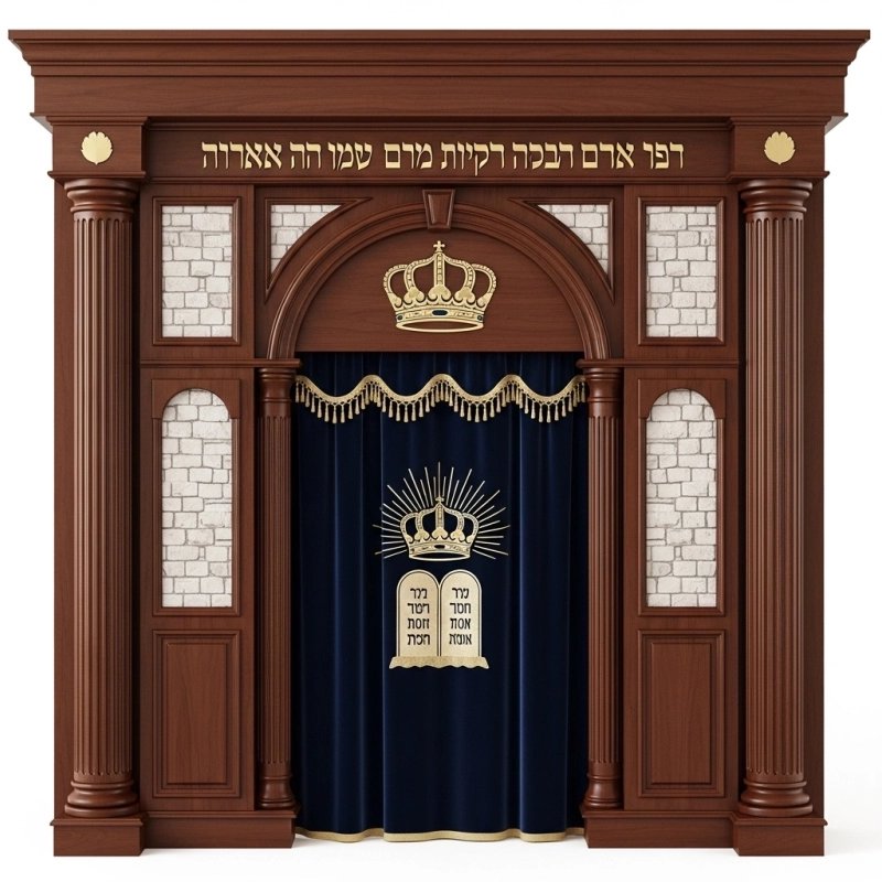 A realistic image of Mahogany Wood Aron Kodesh, Torah Ark hand carvings, image generated by Gemini-2.5-Flash.