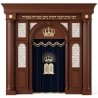 A realistic image of Mahogany Wood Aron Kodesh, Torah Ark hand carvings, image generated by Gemini-2.5-Flash.