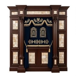 A realistic image of Mahogany Wood Aron Kodesh, Torah Ark hand carvings, image generated by Gemini-2.5-Flash.