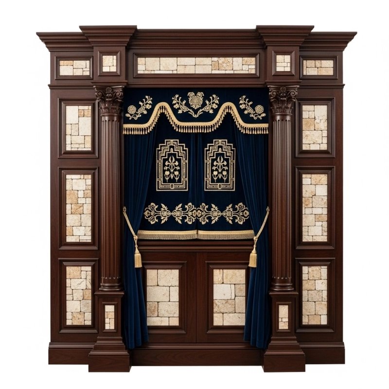 A realistic image of Mahogany Wood Aron Kodesh, Torah Ark hand carvings, image generated by Gemini-2.5-Flash.