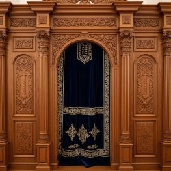 A realistic image of Mahogany Wood Aron Kodesh, Torah Ark hand carvings, image generated by Gemini-2.5-Flash.