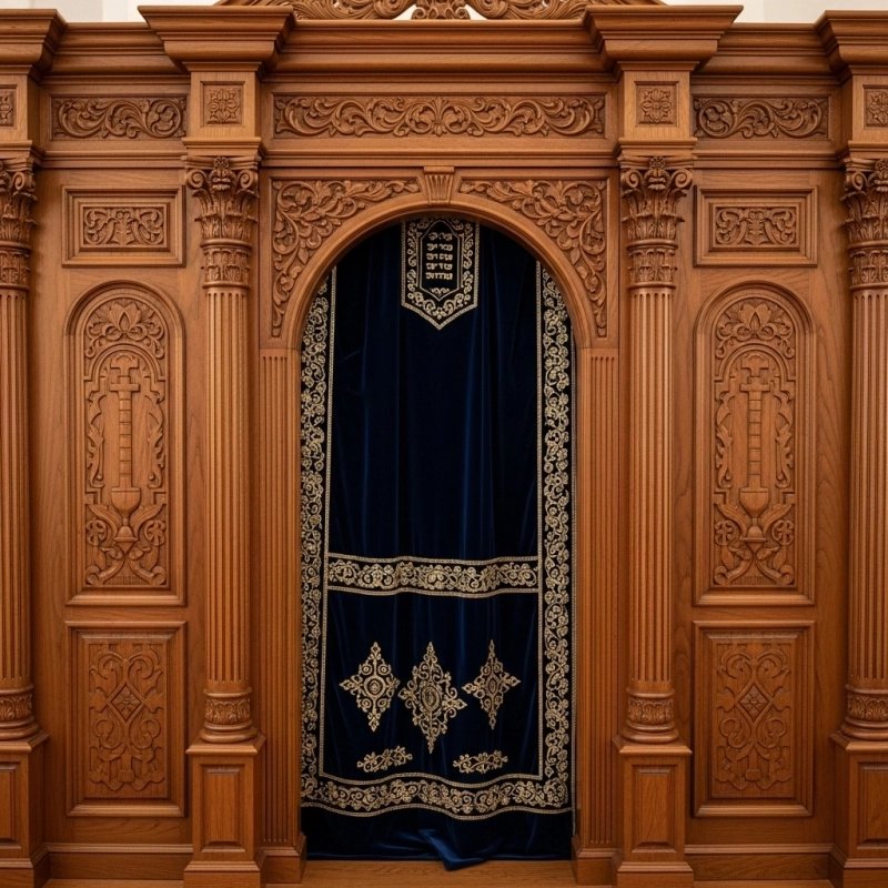 A realistic image of Mahogany Wood Aron Kodesh, Torah Ark hand carvings, image generated by Gemini-2.5-Flash.