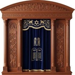 A realistic image of Mahogany Wood Aron Kodesh, Torah Ark hand carvings, image generated by Gemini-2.5-Flash.