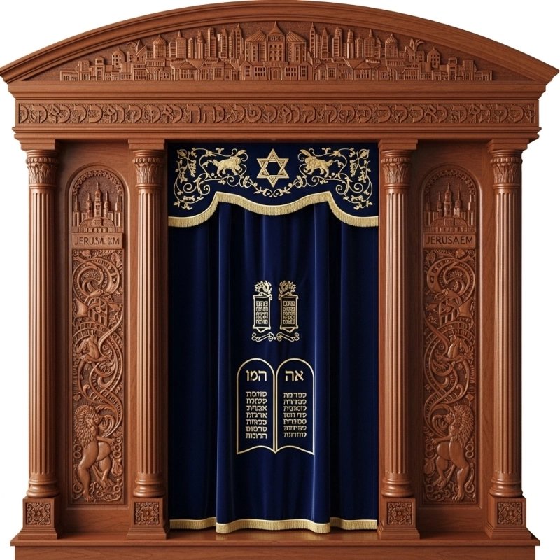 A realistic image of Mahogany Wood Aron Kodesh, Torah Ark hand carvings, image generated by Gemini-2.5-Flash.