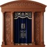 A realistic image of Mahogany Wood Aron Kodesh, Torah Ark hand carvings, image generated by Gemini-2.5-Flash.