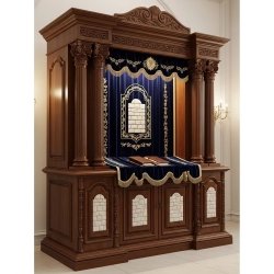 A realistic image of Mahogany Wood Aron Kodesh, Torah Ark hand carvings, image generated by Gemini-2.5-Flash.