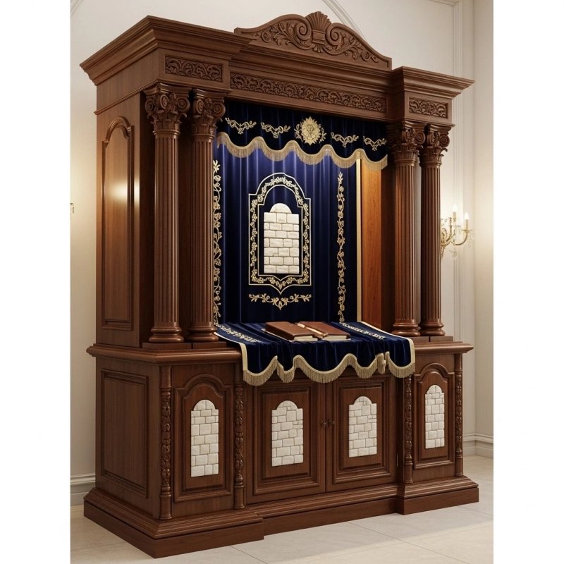 A realistic image of Mahogany Wood Aron Kodesh, Torah Ark hand carvings, image generated by Gemini-2.5-Flash.