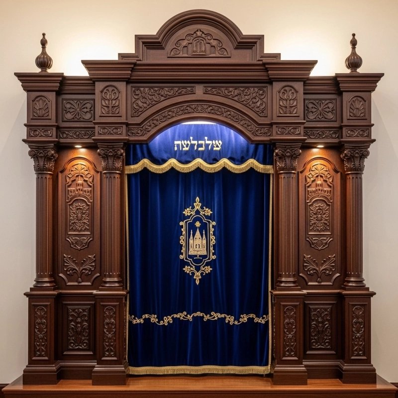 A realistic image of Mahogany Wood Aron Kodesh, Torah Ark hand carvings, image generated by Gemini-2.5-Flash.
