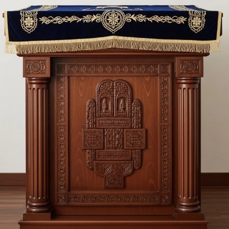 A realistic image of Mahogany Wood Aron Kodesh, Torah Ark hand carvings, image generated by Gemini-2.5-Flash.