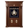 A realistic image of Mahogany Wood Aron Kodesh, Torah Ark hand carvings, image generated by Gemini-2.5-Flash.