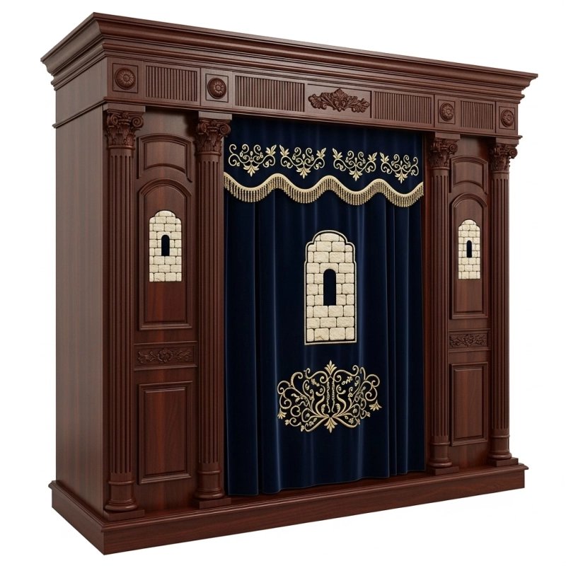 A realistic image of Mahogany Wood Aron Kodesh, Torah Ark hand carvings, image generated by Gemini-2.5-Flash.