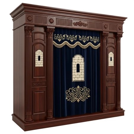 A realistic image of Mahogany Wood Aron Kodesh, Torah Ark hand carvings, image generated by Gemini-2.5-Flash.