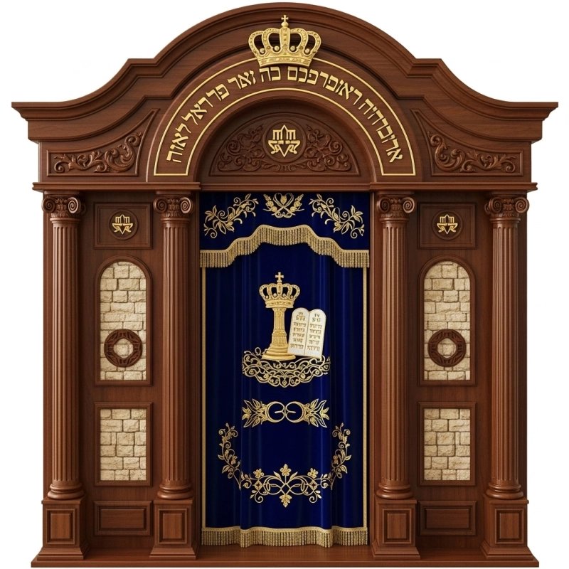 A realistic image of Mahogany Wood Aron Kodesh, Torah Ark hand carvings, image generated by Gemini-2.5-Flash.