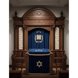 A realistic image of Mahogany Wood Aron Kodesh, Torah Ark hand carvings, image generated by Gemini-2.5-Flash.
