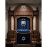 A realistic image of Mahogany Wood Aron Kodesh, Torah Ark hand carvings, image generated by Gemini-2.5-Flash.