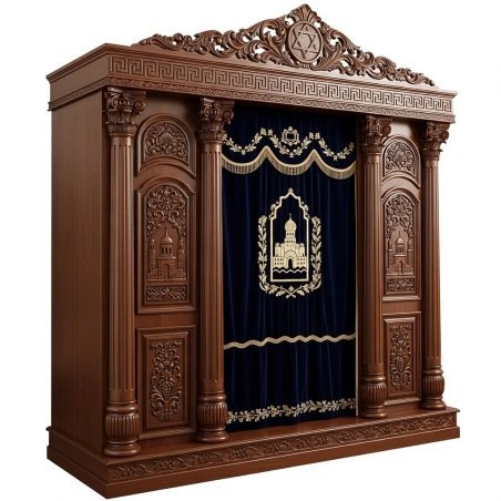 A realistic image of Mahogany Wood Aron Kodesh, Torah Ark hand carvings, image generated by Gemini-2.5-Flash.