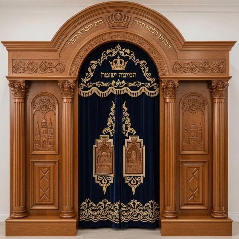 A realistic image of Mahogany Wood Aron Kodesh, Torah Ark hand carvings, image generated by Gemini-2.5-Flash.