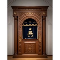 A realistic image of Mahogany Wood Aron Kodesh, Torah Ark hand carvings, image generated by Gemini-2.5-Flash.