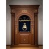 A realistic image of Mahogany Wood Aron Kodesh, Torah Ark hand carvings, image generated by Gemini-2.5-Flash.