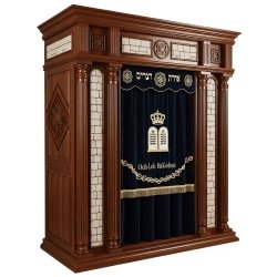 A realistic image of Mahogany Wood Aron Kodesh, Torah Ark hand carvings, image generated by Gemini-2.5-Flash.