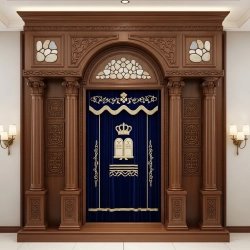 A realistic image of Mahogany Wood Aron Kodesh, Torah Ark hand carvings, image generated by Gemini-2.5-Flash.