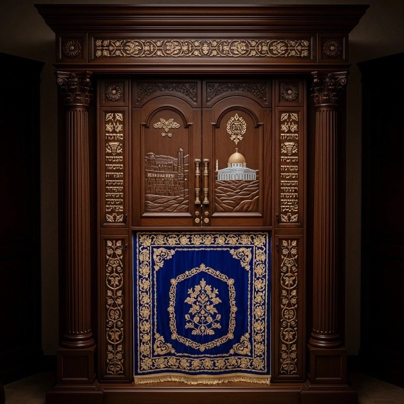 A realistic image of Mahogany Wood Aron Kodesh, Torah Ark hand carvings, image generated by Gemini-2.5-Flash.