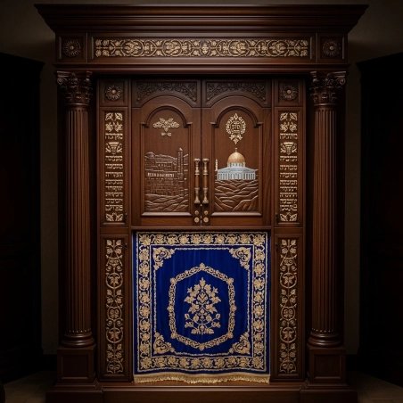 A realistic image of Mahogany Wood Aron Kodesh, Torah Ark hand carvings, image generated by Gemini-2.5-Flash.