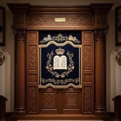 A realistic image of Mahogany Wood Aron Kodesh, Torah Ark hand carvings, image generated by Gemini-2.5-Flash.