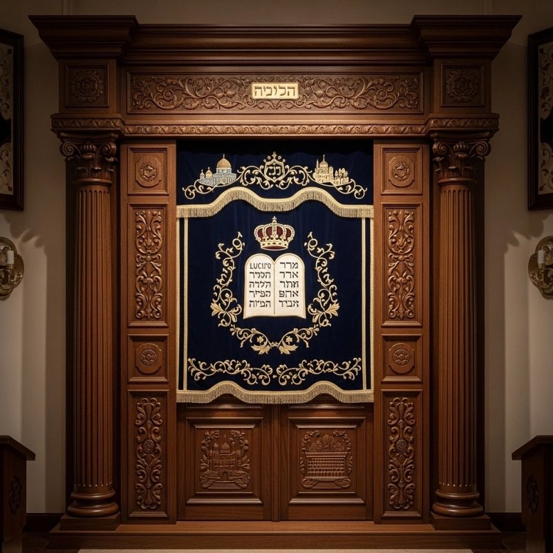 A realistic image of Mahogany Wood Aron Kodesh, Torah Ark hand carvings, image generated by Gemini-2.5-Flash.
