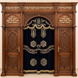 A realistic image of Mahogany Wood Aron Kodesh, Torah Ark hand carvings, image generated by Gemini-2.5-Flash.