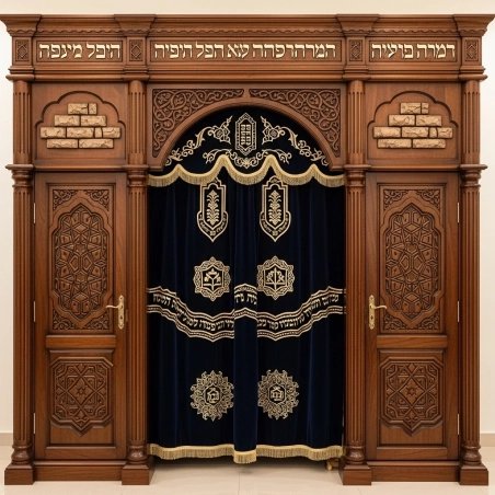 A realistic image of Mahogany Wood Aron Kodesh, Torah Ark hand carvings, image generated by Gemini-2.5-Flash.