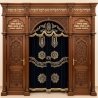 A realistic image of Mahogany Wood Aron Kodesh, Torah Ark hand carvings, image generated by Gemini-2.5-Flash.