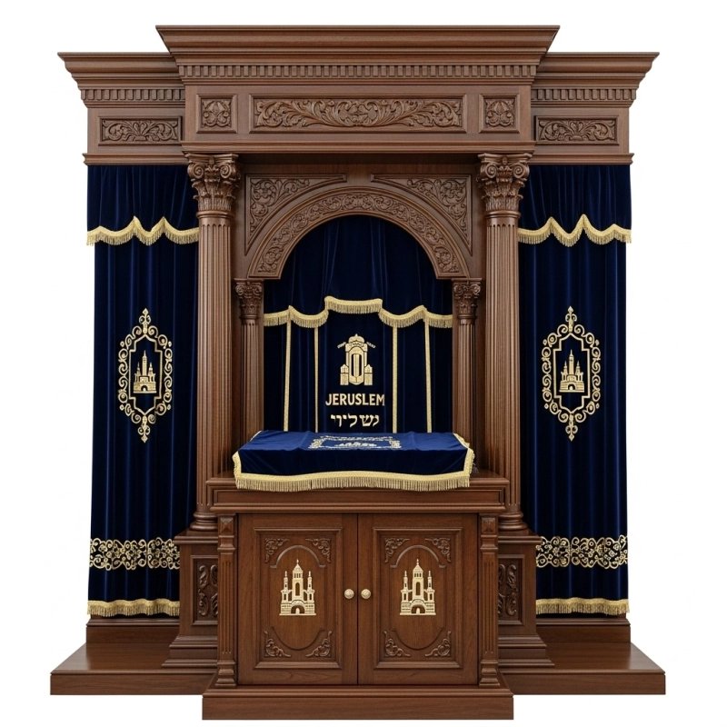 A realistic image of Mahogany Wood Aron Kodesh, Torah Ark hand carvings, image generated by Gemini-2.5-Flash.