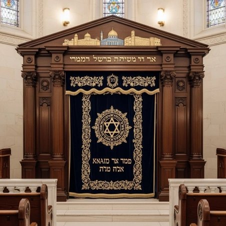 A realistic image of Mahogany Wood Aron Kodesh, Torah Ark hand carvings, image generated by Gemini-2.5-Flash.