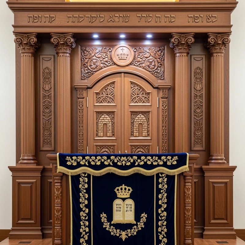 A realistic image of Mahogany Wood Aron Kodesh, Torah Ark hand carvings, image generated by Gemini-2.5-Flash.