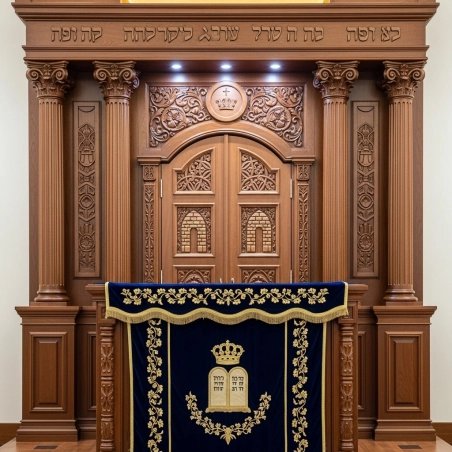 A realistic image of Mahogany Wood Aron Kodesh, Torah Ark hand carvings, image generated by Gemini-2.5-Flash.