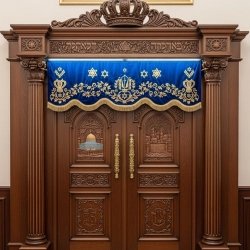 A realistic image of Mahogany Wood Aron Kodesh, Torah Ark hand carvings, image generated by Gemini-2.5-Flash.
