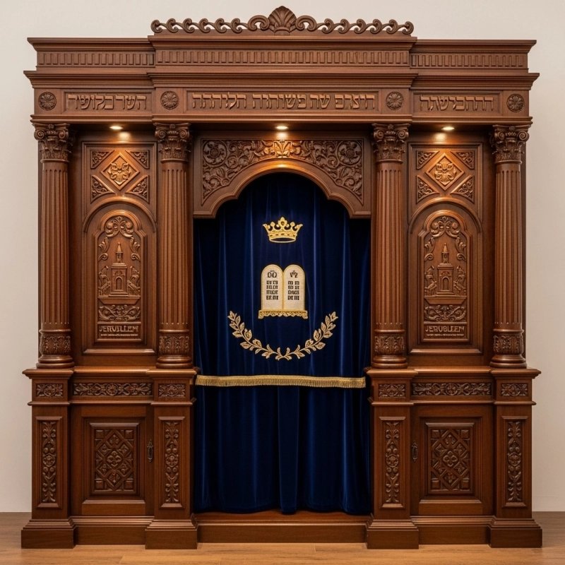 A realistic image of Mahogany Wood Aron Kodesh, Torah Ark hand carvings, image generated by Gemini-2.5-Flash.