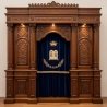 A realistic image of Mahogany Wood Aron Kodesh, Torah Ark hand carvings, image generated by Gemini-2.5-Flash.