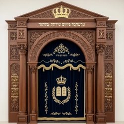 A realistic image of Mahogany Wood Aron Kodesh, Torah Ark hand carvings, image generated by Gemini-2.5-Flash.