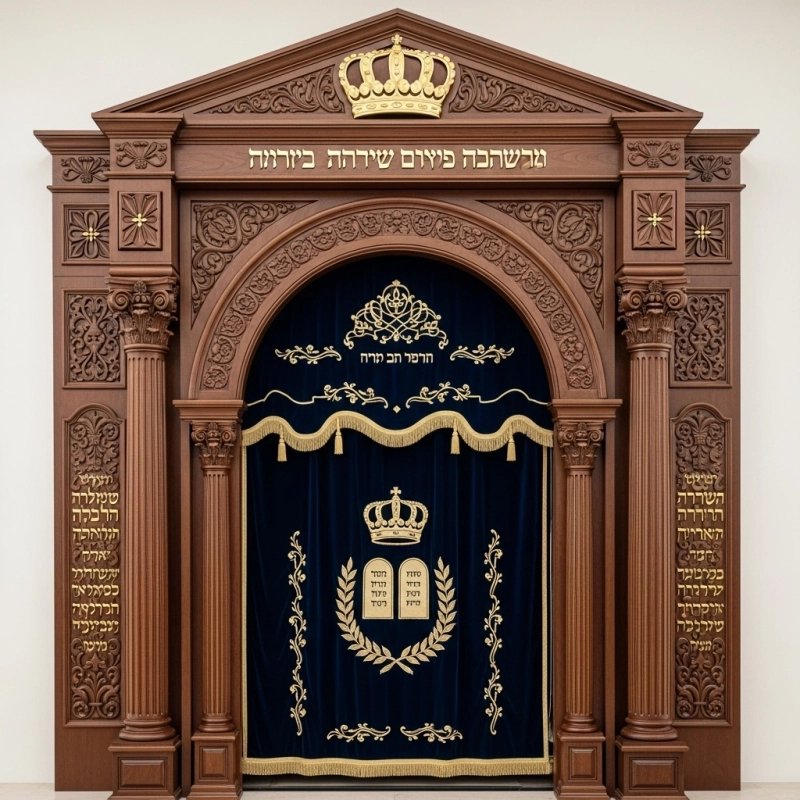 A realistic image of Mahogany Wood Aron Kodesh, Torah Ark hand carvings, image generated by Gemini-2.5-Flash.