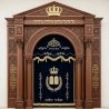 A realistic image of Mahogany Wood Aron Kodesh, Torah Ark hand carvings, image generated by Gemini-2.5-Flash.